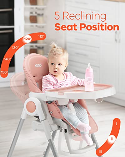 Heao Multi-Use High Chair For Babies & Toddlers, Easy Folding & Adjustable Highchair With 7 Height And 5 Recline Positions, Compact And Portable 360 Rotating Booster Seat With Removable Tray, Pink #TOP3