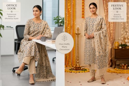 Image of HAIDER ALI Handloom Cotton Silk Screen Print Unstitched Suit Set for Women with Dupatta | Salwar Suit Dress Material for Women & Girls 01