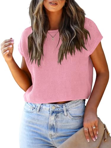 Image of LCXWFE Womens Summer Cropped Sweater Vest Trendy Cap Sleeve Crop Tops Crew Neck Loose Knit Tank Top