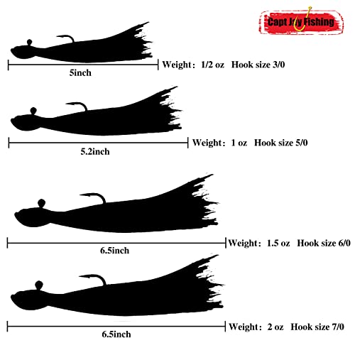 Capt Jay Fishing Bucktail Jig Saltwater Jig Fluke Lure Striper Bass Blue Fish Tuna Jig Lure Surf Fishing Saltwater Jigging Jig (Mixed Color 45G-Rgw Edition, 1.5Oz-45G(6Pcs)) #TOP5