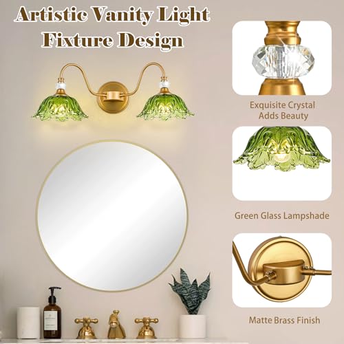 Image of Vintage Bathroom Vanity Light, 2-Light Matte Brass Finish Vanity Light with Floral Green Glass Shades, Retro Wall Sconce for Bathroom, Dressing Table