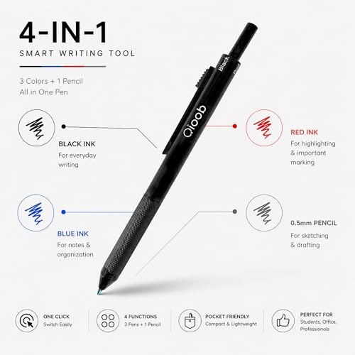 Image of Multicolor Pen | 4-in-1 Multifunctional Ballpoint Pen - Black, Blue, Red & 0.5mm Pencil | Smooth Writing Tool for School, Office, and Journaling