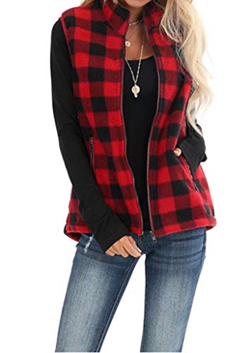 Reachme Womens Black Red Buffalo Plaid Vest Womens Gifts For Christmas Zip Up Checked Fleece Vest Coat(2 Black Red,M) #TOP1