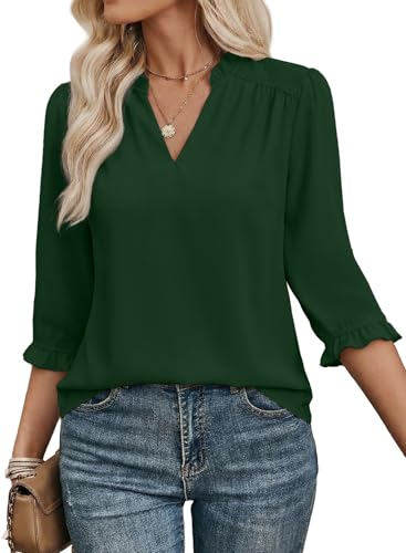EVALESS Blouses for Women Dressy Casual V Neck 3/4 Length Sleeve Business Work Office Tops 2026 Spring Summer Fashion Clothes Blackish Green XL