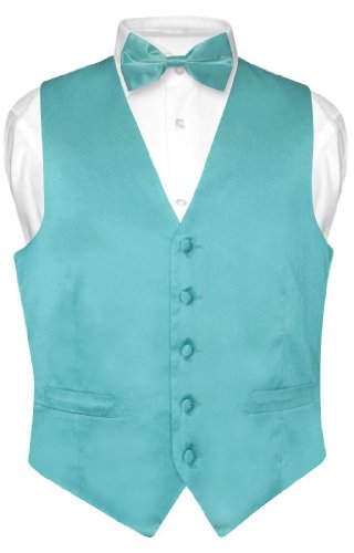 Men's SILK Dress Vest Bow Tie Solid TURQUOISE AQUA BLUE Color BowTie Set