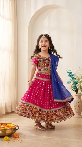 Image of AHHAAAA Girls Lehenga Choli with Dupatta, Kids Embroidered Chaniya Choli Set for Navratri Garba Dandiya Wedding Party Ethnic Outfit Y0045
