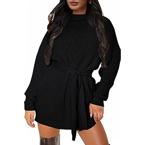 ZESICA Women's Long Sleeve Solid Color Waffle Knitted Tie Wasit Tunic Pullover Sweater Dress, Black, X-Large Cover