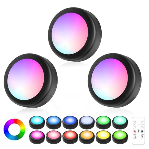 Lilampts LED Puck Lights with Remote Control, Wireless Under Cabinet Lighting,Color Changing Lights with Dimmer and Timer, AAA Battery Operated Powered Push Night Lights (3 Pack Black)