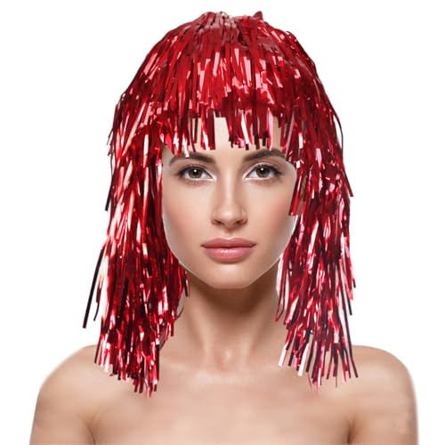 Image of KOLIGHT Shiny Tinsel Hat Wig with Fringe - Colorful Cheerleading Fan Accessory for Holiday Parties, Sports Events & Costume Decorations (red)
