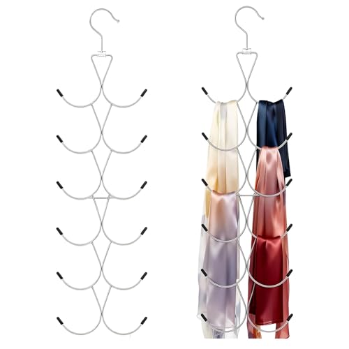 2Pcs Scarf Hanger with 12 Hooks Metal 360 Rotating Organizer Space-Saving Foldable Holder for Closet Scarves Shawls Belts and Purses (Silver)
