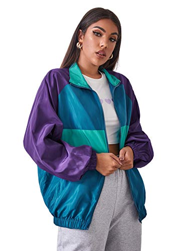 SweatyRocks Women's Lightweight Windbreaker Patchwork Zipper Sport Jacket Coat Outerwear3