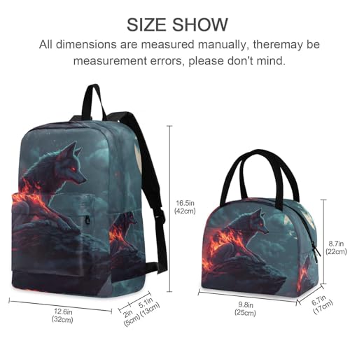 Backpack Lunch Box Set Large Capacity Travel Backpacks and Insulated Lunch Bag for Commute Hiking Picnic Wolf Moon Print2