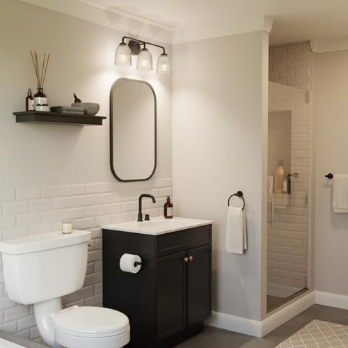 Image of Globe Electric 4-Piece All-in-One Bathroom Set, Matte Black, 3-Light Vanity Light with Ribbed Glass Shades, Towel Bar, Toilet Paper Holder, Towel Ring