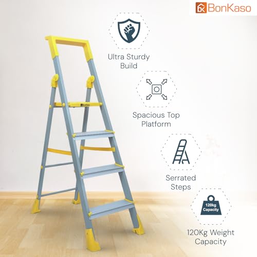 Image of BonKaso Climb Lite Pro+ 4 Step Foldable Ladder with Tool Tray (89.8W x 137H Cm)| Heavy-Duty, Anti-Slip & Firm Grip, Load Capacity Upto 120kg | Durable & Portable (Aluminium Step, Yellow & Satin)