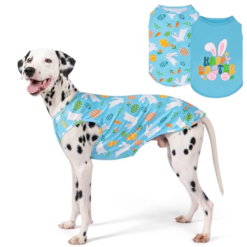 KYEESE 2Pack Easter Dog Shirt, Breathable Tank Top Sleeveless Dog T Shirts for Medium Large Dogs Boy Girl, Lightweight Dogs Clothes Pet Outfit for Holiday, Blue+Bunny, 2XL