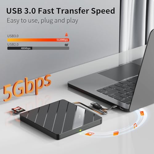 Alxum External CD Drive-Type-C USB 3.0 Portable DVD/CD RW ROM Burner with SD/TF Slot&USB Ports CD 24X DVD 8X Super Fast Speed DVD Reader for Laptop/Windows/Linux/Vista/Imac/Macbook Deep Black-T040A