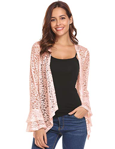 Concep Ladies Bolero Shrug Bell Sleeve Lace Crochet Ruffle Open Front Cardigan Coverups (Nude, S)