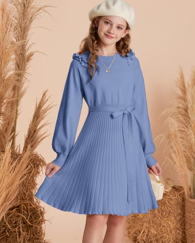 GRACE KARIN Girls Sweater Dress Fall Winter Knit Long Sleeve Ribbed Ruffle Waist Tie Size 5-12 Cream4
