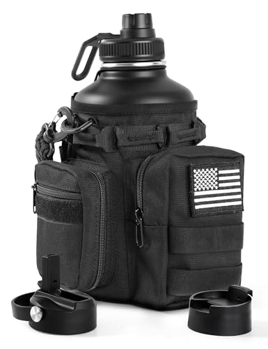 banloga Tactical Half Gallon Water Bottle with Straw, 64 oz Insulated Water Jug with Molle Sleeve, Stainless Steel Sport Bottle with 3 BPA Free Lids for Gym Workout Hiking (Black, 64OZ)