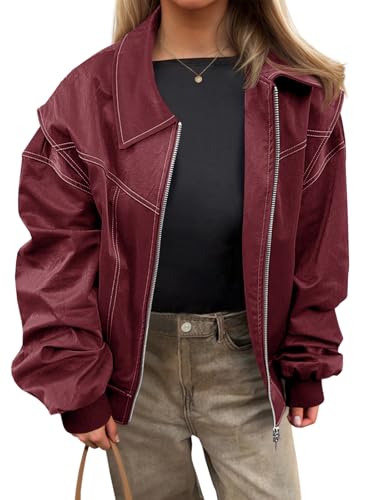 Tankaneo Womens Oversized Leather Bomber Jackets Cap Sleeve Zip Up Motorcycle Coats with Pockets