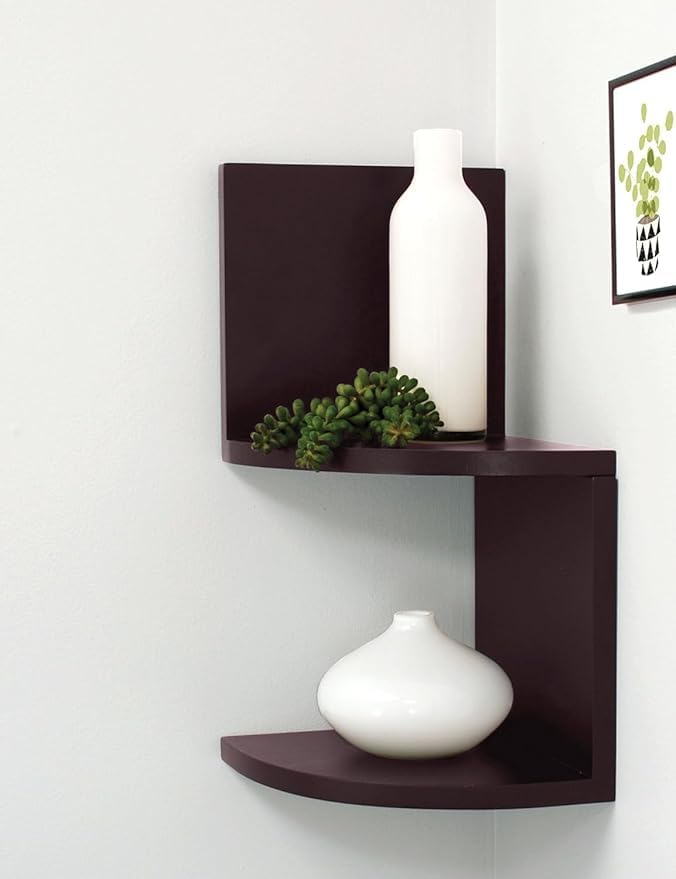 Image of Wall Mount Corner Shelves with Two Tiers for Wall Decoration and Storage Organiser Rack for Living Room, Bedroom, and Office Decor - Made of Wood (Brown)