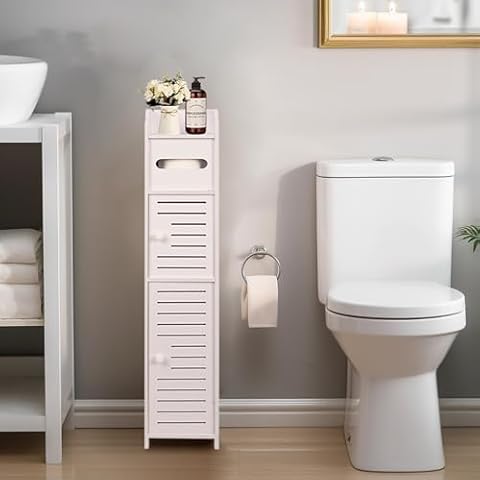 ShellKingdom Toilet Paper Holder Stand, Small Bathroom Storage Cabinet with Doors and Shelves, Slim Storage Cabinet for Bathroom Small Spaces Corner Floor - White Cover