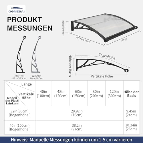 Vordach für Haustür,300x80cm Fenstervordach mit separater Entwässerung, Polycarbonat Pultvordach Überdachung für UV-, Regen- und Schneeschutz – Ideal für Veranda, Terrasse und Fenster