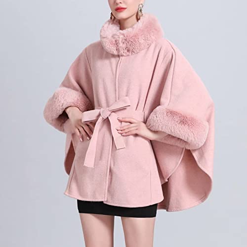 Women's Faux Fur Trim Open Front Cardigan Cloak Poncho Winter Wool Loose Fit Cape Fashion Thicken Warm Shawl Wrap Coats2