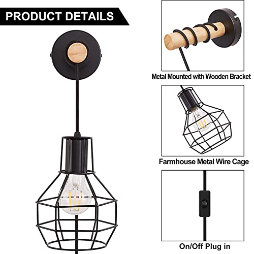Image of Industrial Wall Sconces with Plug in Cord, Farmhouse Lamps with Switch Vintage Classy E26 Edison Metal Mounted Lights Fixture Wood for Bedroom,Living Room,Hallway