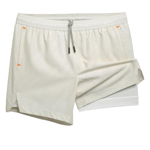 MaaMgic Pantalones cortos de correr 2 en 1 para hombre, con bolsillo para el móvil, secado rápido, pantalones cortos para correr de 5 pulgadas, con pantalones interiores, elásticos, para correr