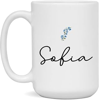 Sofia Name Mug, Personalized Name Coffee Cup, Custom Names Tea Cup, Forget Me Not Flower, White 15oz