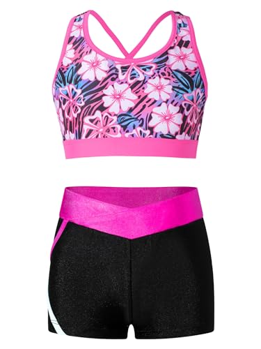 Kids Girls Dance Gymnastic Outfit Sleeveless U Neck Crop Top With Shorts Set Sport Training Dancewear Gardenia Rose 16 Years