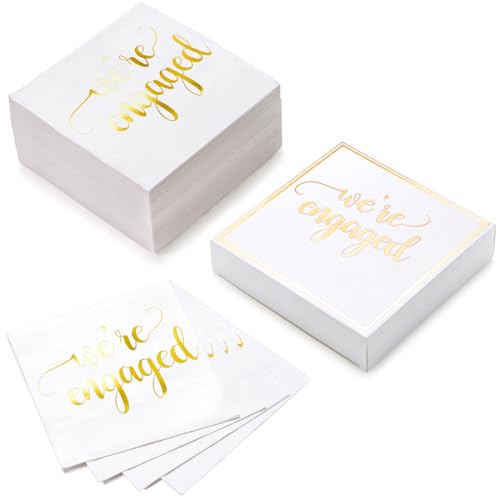 RUSPEPA 50Pcs Engaged Napkins - Disposable 3-Ply Paper Luncheon Napkin, Gold Foil We're Engaged - 16.5x16.5cm/33x33cm(Unfolded)