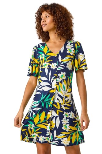 Roman Originals Swing Tea Dress Women UK Ladies Skater Midi A Line Fit & Flare Summer Casual Smart Cocktail Party Going Out Work Cruise Button Through Long Pocket - Yellow - Size 16