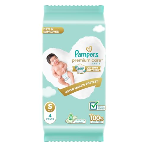 Image of Pampers Premium Care Pant Style Baby Diapers S 4 Count | No Marks Design | Voted India's #1 Softest Diaper | All in 1 diaper with 360 Cottony Softness