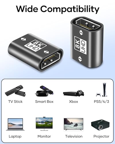 BRV Explorer HDMI Kupplung 8K 2 Pack, HDMI Buchse auf Buchse Verbinder 2.1, HDMI Verlängerung Adapter Kompatibel mit 8K@60Hz/ 4K@120Hz UHDHDR eARC 3D Dolby, für Laptop, HDTV, PC, Monitor, Roku TV