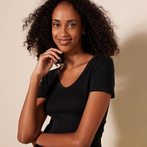 Amazon Essentials Damen Basic V-Ausschnitt T-Shirt mit Kurzen Ärmeln, Schmale Passform, 2er-Pack, Schwarz, M