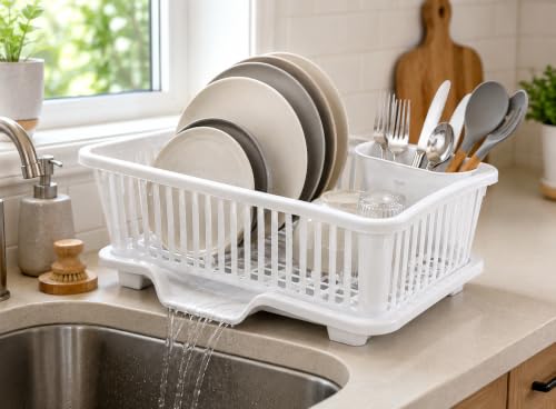 Image of Heavy Duty 2-Piece Plastic Dish Drying Rack Set in White - Includes Large Dish Drainer, Attached Drainboard, and Utensil Cup Holders for Home Kitchen Countertop Organization