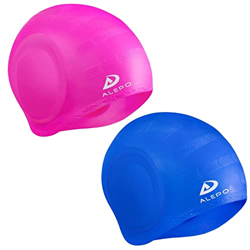 Alepo 2 Pack Swimming Cap Unisex with 3D Ear Protection, Durable Flexible Silicone Swimming Hat Women Men Kids Adults, Bathing Swim Cap for Short/Long Hair with Ear Plugs&Nose ClipRose Red+Blue