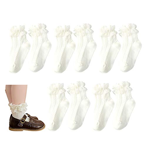 5 pairs Baby Girls Ruffle Socks, Kids Toddler Frilly Lace Ruffle Dress Cotton Socks