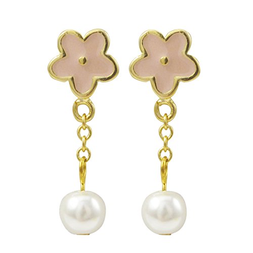 Ivy And Max Gold Finish Faux Pearls Light Pink Enamel Flower Girls Dangle Earrings #TOP10