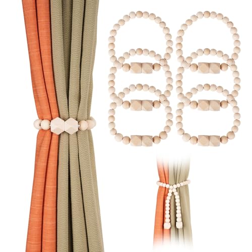 Wooden Magnetic Curtain Buckle,Octagonal Beads Chain Connection Cotton Rope, with 23 Small Round Beads, Bohemian Style, 6Pcs