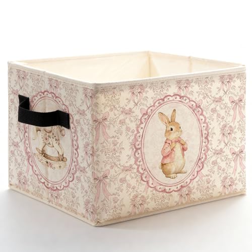 Fyecoluo Pink Bow Floral Bunny Nursery Storage Bins Box with Handles, Rustic Flower Rocking Horse Rabbit Foldable Basket Toybox for Toddler Girls...