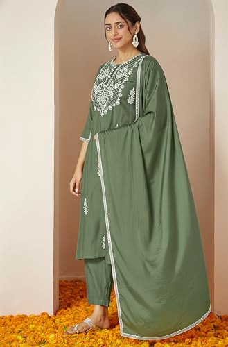 Image of Janasya Women's Silk Blend Embroidered Straight Kurta Set