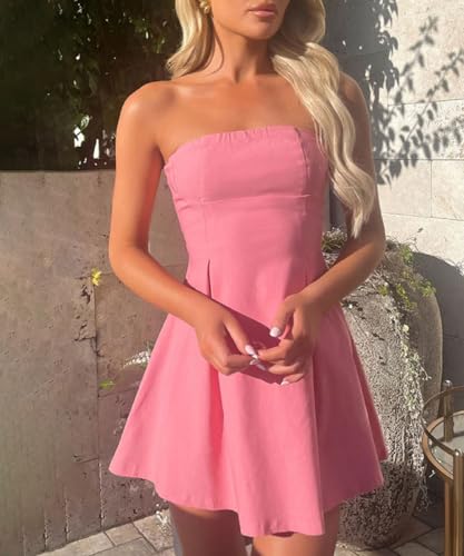 Image of ABINGOO Women's Sexy Strapless Tube Mini Dress Bow Tie Backless A-Line Going Out Formal Party Birthday Graduation Dresses