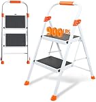 2 Step Ladder, Folding Step Stool with Orange Cushioned Handle, White Sturdy Step Ladder with Wide Anti-Slip Pedal, 900 lbs Capacity Heavy Duty Step Stool with Safety Lock for Kitchen, Home & Garage