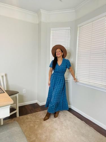 Image of Women Maxi Dresses Boho V Neck Swiss Dot Ruffle Summer Short Sleeve High Waist Tiered Flowy Smocked Cocktail Dresses