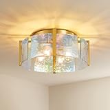 Gold Semi Flush Mount Ceiling Light: 17.7in Kitchen Lights Fixture Ceiling Mount - Modern Bedroom Colorful Glass Drum Indoor Lighting - Mid Century Fixtures for Laundry Room Foyer Hallway Entryway