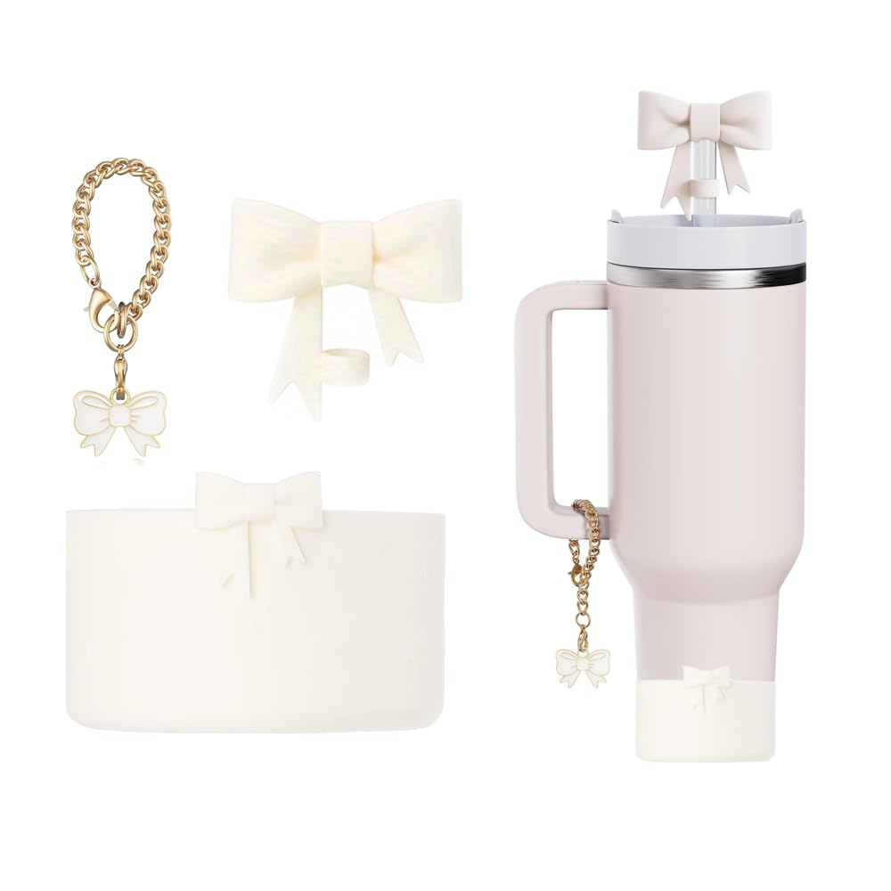 AXMCCH 7.5cm Silicone Bottle Cover &10mm Bow Shape Straw Topper for Stanley Cup 12-40oz (3pcs Cream White)