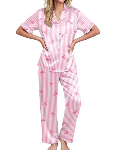 Image of Ekouaer Silk Satin Pajamas for Women Set 2 Piece Short Sleeve Button Up Pjs | Two Side Pockets,Soft Bridesmaid Lounge Set,Bridal Ruffle Sleepwear,Wedding Party,Honeymoon Vacation,Postpartum